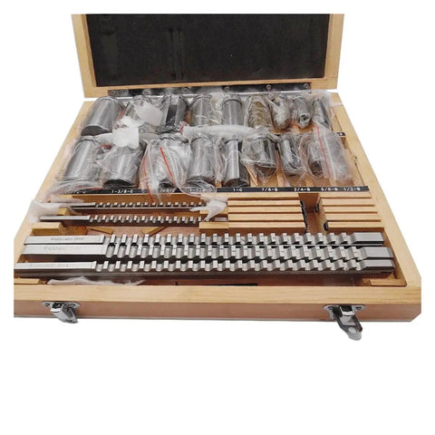 Pro Grade Keyway Broach Kit 30 Piece Inch Sized HSS Groove Broach Set With Slotted Bushings And Shims in wooden case