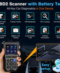 OBD2 Scanner With Battery Tester For Cars And Trucks Check Engine Light Diagnostics And Emissions Readiness Plug And Play Car Code Reader Real Time Data Battery Health Monitor Works With All OBD II Vehicles showing screen and setup.