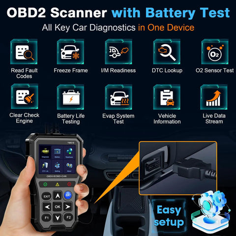 OBD2 Scanner With Battery Tester For Cars And Trucks Check Engine Light Diagnostics And Emissions Readiness Plug And Play Car Code Reader Real Time Data Battery Health Monitor Works With All OBD II Vehicles showing screen and setup.