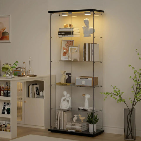 Five Shelf Glass Display Cabinet With Locking Door And Remote LED Lights 4mm Tempered Glass Floor To Ceiling Bookcase, black