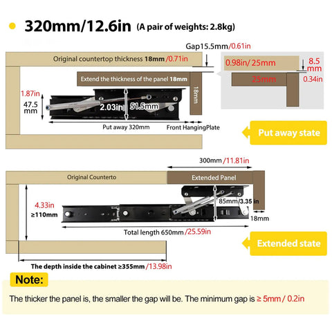 Detailed diagram of Straight Up Heavy Duty Countertop Extension Slide Rail For Kitchen Counters And Island Extensions with measurements.