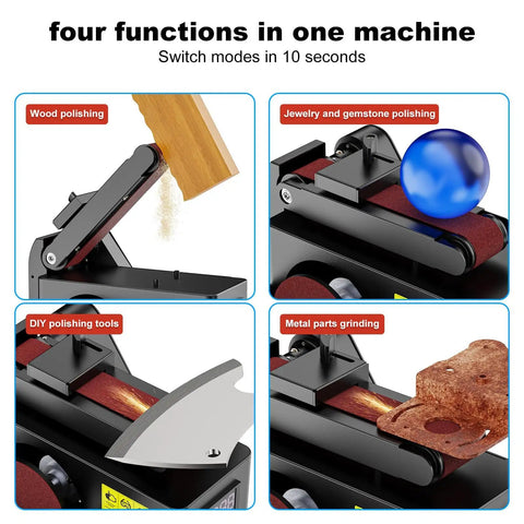 Heavy Hitter 200W Mini Belt and Disc Sander Produces 8500RPM for Wood Metal Plastic Deburring Polishing Shaping modes shown.