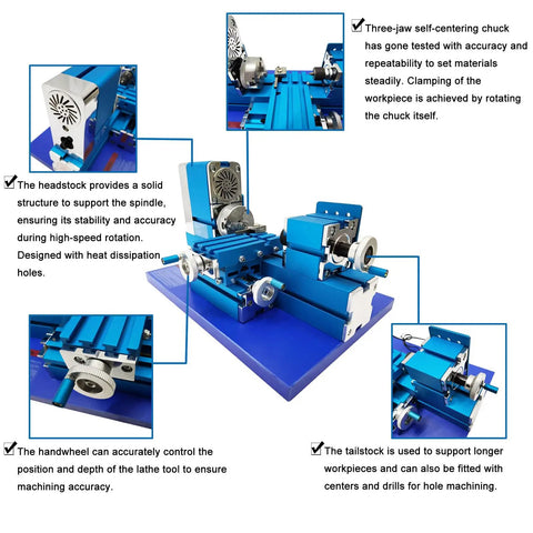 This mini metal lathe machine is a total game changer for DIYers. Features include a three-jaw chuck, headstock, and tailstock.