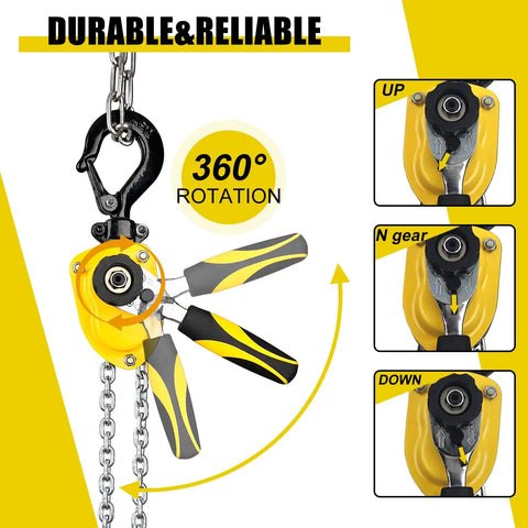 Tiny But Mighty Mini Chain Hoist Come Along Half Ton 1100 lbs Capacity, 5 Ft Lift, G80 Zinc Chain, 360 Rotation, Ratchet Hook