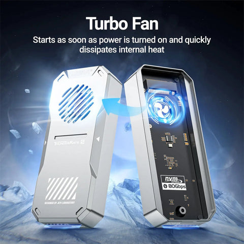 Blazing Fast 80Gbps M.2 2280 NVMe Enclosure With Dope Turbo Cooling Fan showcasing internal fan and advanced cooling design.