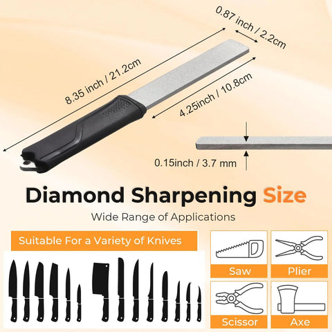 Diamond Sharpening Stone With Dual Grit 325 1200 Handheld Knife Sharpener With Angle Guide For Kitchen Machete Axe Chisel Drill Bits Lawn Mower Blade And Garden Tools DIY Friendly, dimensions labeled
