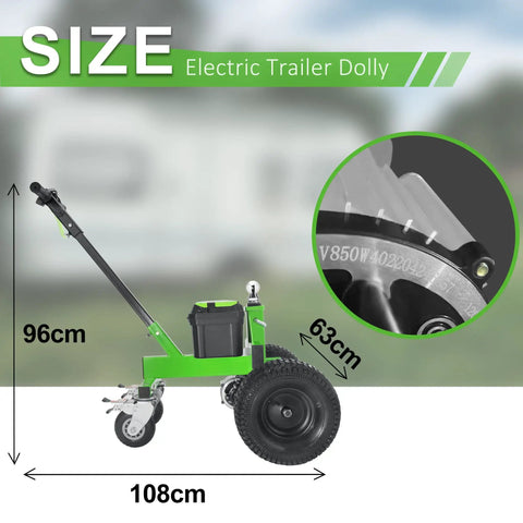 Heavy Duty Electric Trailer Dolly Moves 3600 Lbs With Ease, showing size dimensions of 108cm x 96cm x 63cm with detailed wheel design.