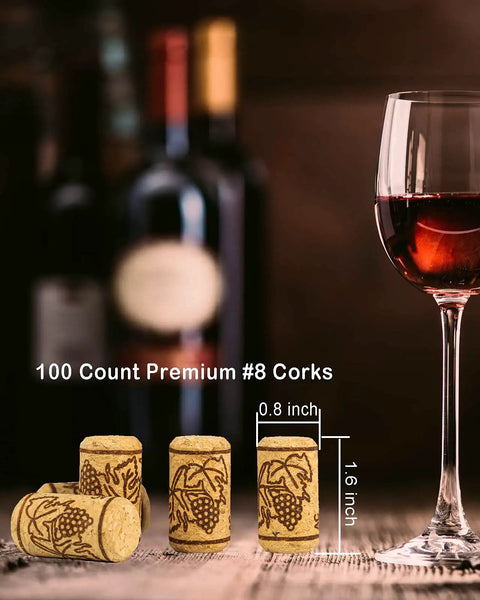 Wine Bottle Corks And Seals Kit With 200 Pcs Corks And 100 Pcs PVC Caps, showcasing premium #8 natural corks by wine glass