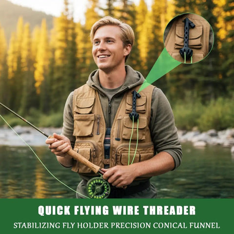 Angler using Magnetic Fly Fishing Threader No Fuss Tippet Tool For Small Flies Easy Fly Tying and Rigging Accessory.