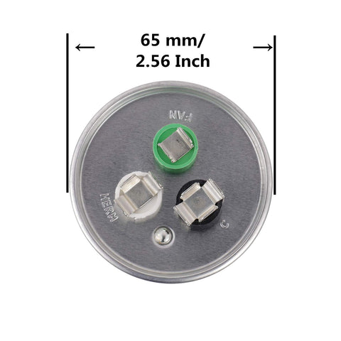 Top view of dual run start capacitor showing terminals, labeled for fan, motor, and common, with 65mm diameter, for HVAC use.