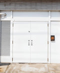 White double door with Built Tough 5.9 Inch Gate Door Handle Set 4 Pack Stainless Steel Gate Handles For Wooden Fences, Gates, Screens And Sheds Outdoor Weather Resistant Easy Install No Hassle Assembly