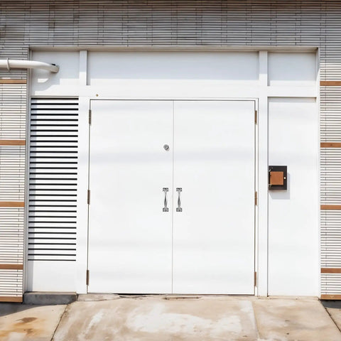 White double door with Built Tough 5.9 Inch Gate Door Handle Set 4 Pack Stainless Steel Gate Handles For Wooden Fences, Gates, Screens And Sheds Outdoor Weather Resistant Easy Install No Hassle Assembly