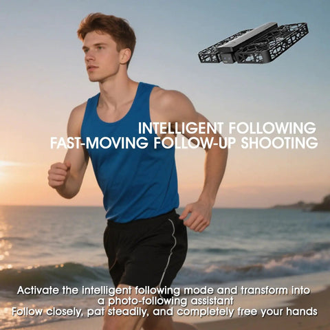 Pocket Size Drone With Optical Flow Positioning Foldable Design And 720P HD Camera in action following a jogger by the sea at sunset.
