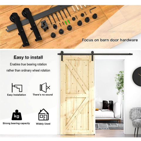Sturdy Barn Door Hardware Kit With Smooth Sliding Track And Durable Steel Rail Roller Set for kitchen living room or closet doors.