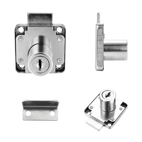 Heavy Duty Cabinet Drawer Locks With Keys Four Pack Snug And Secure Three Quarter Inch Cylinder, galvanized steel design close-up.