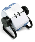 Angled front view of Rolodex open metal rotary file, black; holds 500 2-1/4" x 4" index cards.