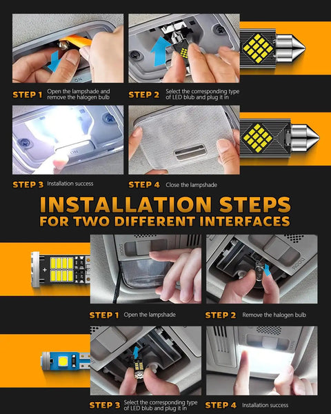 Installation guide for 24 Piece LED Interior Car Light Kit with Ultra Bright 6500K White Bulbs for dome, map, door lights.
