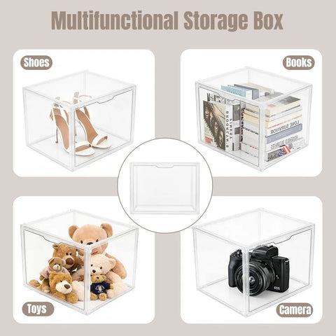 9 Pack Clear Acrylic Purse Organizer Stackable Bins With Magnetic Doors Dustproof Cabinet For Purses Hats Books And Collectibles Premium Thick PET Material Durable See Through Storage Case storing shoes, books, toys, and camera.
