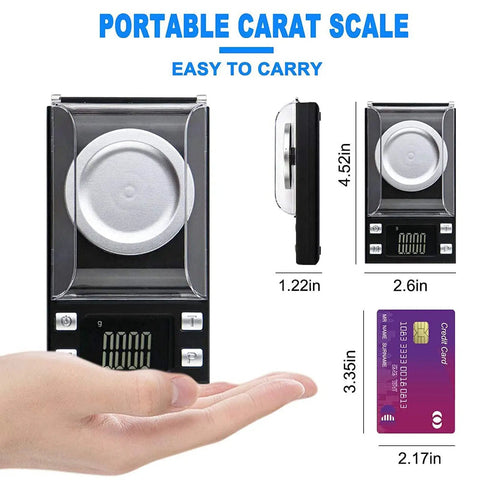 Ultra Precision Milligram Scale 50g/0.001g Pocket Scale with Tare and LCD Display, shown in hand for size comparison.