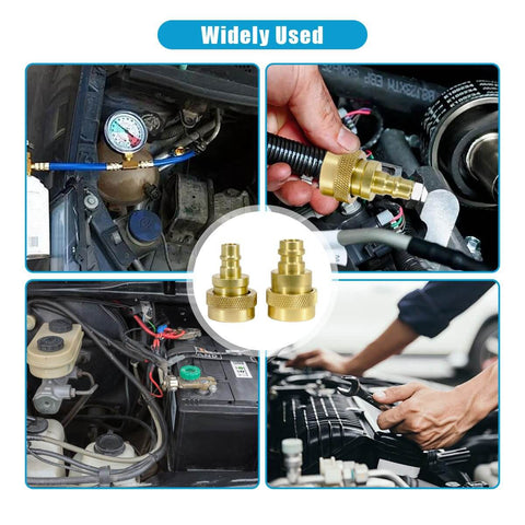 Various uses of R1234YF To R134A Quick Coupler Kit For Car AC Charging, DIY Friendly, with adapters and hose fittings in action