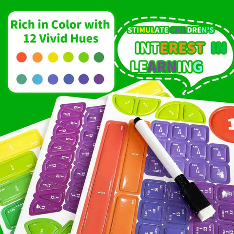 Magnetic Fraction Tiles And Circles Set shown with whiteboard marker, vibrant colors demonstrating hands-on math fun and Montessori teaching.