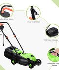 Power Through Your Yard With This 12.5 Amp 1200W Corded 13 Inch Push Lawn Mower That Cuts Clean, Tames Thick Grass, And Starts Easy, A Lightweight Green Machine Built For Quick, No Fuss Yard Maintenance. Green 13-inch plastic push lawn mower with 30L grass bag, safety switch, cord holder, and carry handle
