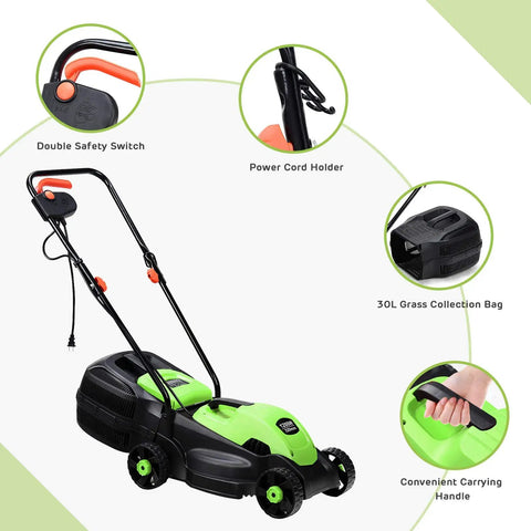 Power Through Your Yard With This 12.5 Amp 1200W Corded 13 Inch Push Lawn Mower That Cuts Clean, Tames Thick Grass, And Starts Easy, A Lightweight Green Machine Built For Quick, No Fuss Yard Maintenance. Green 13-inch plastic push lawn mower with 30L grass bag, safety switch, cord holder, and carry handle