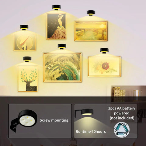 Smooth Dimming Battery Operated Picture Light With Remote Control For Wall Art Posters Frames illuminating framed artwork on a wall.