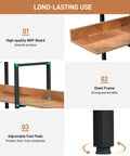 Five Tier Industrial Bookcase With Black Metal Frame And Brown MDF Shelves, showing close-up on MDF board, steel frame, and foot pads.
