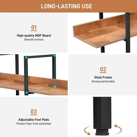 Five Tier Industrial Bookcase With Black Metal Frame And Brown MDF Shelves, showing close-up on MDF board, steel frame, and foot pads.