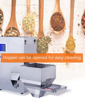 Heavy Duty Automatic Powder Filling Machine And Rock Solid Particle Dispenser For Bulk Flour Grains Seeds Coffee Beans 500g Capacity With Bullseye Accuracy Auto Counting Scale 110v with open hopper for easy cleaning.
