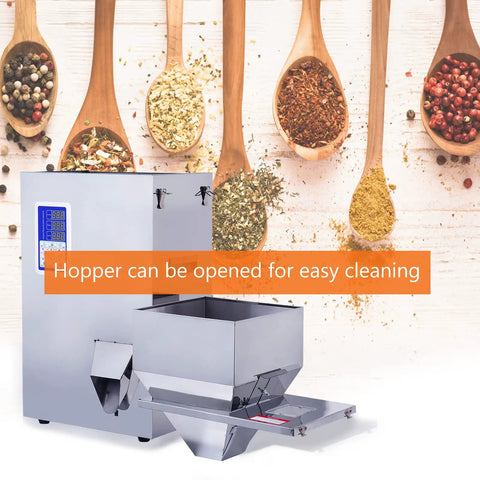 Heavy Duty Automatic Powder Filling Machine And Rock Solid Particle Dispenser For Bulk Flour Grains Seeds Coffee Beans 500g Capacity With Bullseye Accuracy Auto Counting Scale 110v with open hopper for easy cleaning.