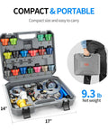 Grease Monkey Approved 30 Piece Coolant Pressure Testing Kit with colorful radiator cap adapters in sturdy case.