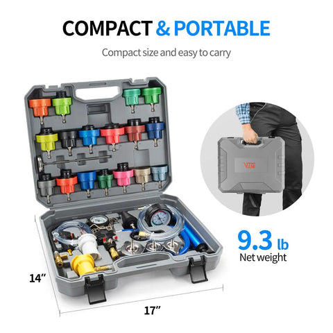 Grease Monkey Approved 30 Piece Coolant Pressure Testing Kit with colorful radiator cap adapters in sturdy case.