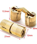 Concealed Barrel Hinges Copper 8mm to 18mm for Cabinets and Furniture, dimensions showing 13.5mm x 30mm and 12mm x 27mm
