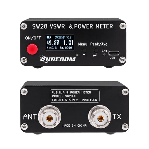 Front and rear view of Compact RF VSWR And Power Meter 1.5 MHz To 60 MHz, 120W Mini Tester with display and connectors.