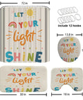 Colorful Quotes Kids Shower Curtain Set With Non Slip Rug, Waterproof 72x72 Inches, Cartoon Inspiring Letters, Easy Care Bathroom Decor For Children, Bright, Fun, Light Shine Theme displayed with dimensions.