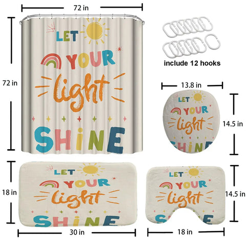 Colorful Quotes Kids Shower Curtain Set With Non Slip Rug, Waterproof 72x72 Inches, Cartoon Inspiring Letters, Easy Care Bathroom Decor For Children, Bright, Fun, Light Shine Theme displayed with dimensions.