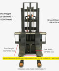 Heavy Duty Full Electric Pallet Stacker With 3300 Lb Capacity And 78 Inch Lift Height, showcasing adjustable forks and specifications.