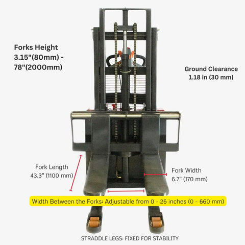 Heavy Duty Full Electric Pallet Stacker With 3300 Lb Capacity And 78 Inch Lift Height, showcasing adjustable forks and specifications.