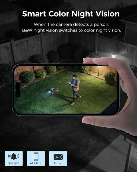 All Weather 360 Degree PTZ Security Camera System With Color Night Vision showing remote viewing on smartphone.