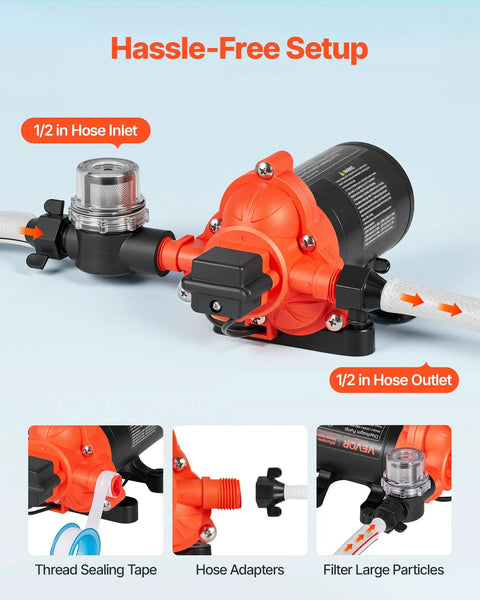 Heavy Duty 120V AC Diaphragm Water Pump Delivers A Smooth 4 GPM Flow with 1/2 inch hose inlet and outlet for easy setup.