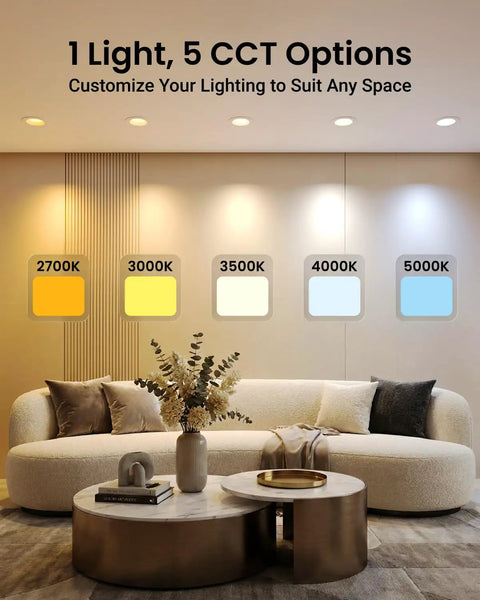 4 Inch Retrofit Led Recessed Lights, Dimmable Downlight With Baffle Trim, 5Cct Adjustable Color Temperature displayed in living room with adjustable lighting.