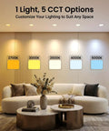 Living room with 4 Inch LED Recessed Downlights Kit displaying five CCT options 2700K to 5000K above a modern sofa and table.
