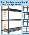 Flexible adjustment features of the 4 Tier Hella Heavy Duty Adjustable Steel Wire Storage Shelving Rack with Thickened Black Matte Finish.