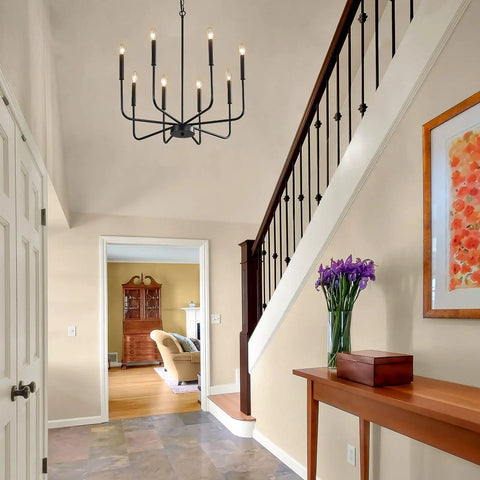 Eight Light Black Industrial Candle Chandelier For Dining Room And Kitchen Island in modern foyer setting