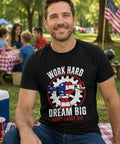 Honor The Hustle With This Cool Labor Day Shirt For Men featuring bold work hard dream big graphic in outdoor picnic setting.
