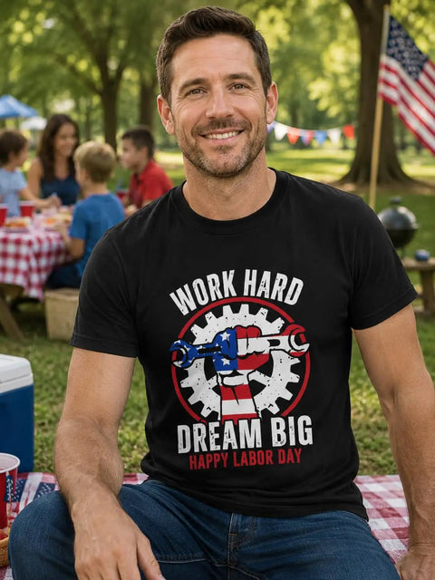 Honor The Hustle With This Cool Labor Day Shirt For Men featuring bold work hard dream big graphic in outdoor picnic setting.