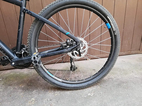 Mountain bike rear view showing Two Pack Beefy 6-Bolt Bike Disc Brake Rotors For MTB Road BMX Bikes, 160mm, Silver Finish, Shimano Deore Compatible Great Value.