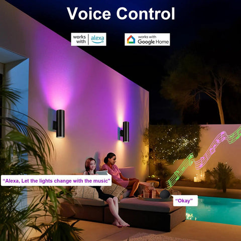 Up And Down Outdoor Wall Sconce With APP Control, RGB CCT Color Changing Exterior Light Fixture, view of smart lighting on patio